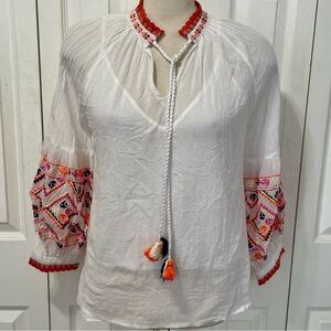 New Sundance 100% White Blouse with Red and Pink Embroidery and Balloon Sleeves